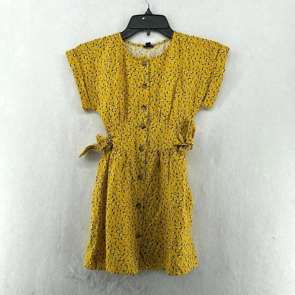 Kiabi Dress Girls Sz 6A Mustard Yellow Full Button-Up Tie Waist Roll Tab Sleeve - Picture 1 of 10